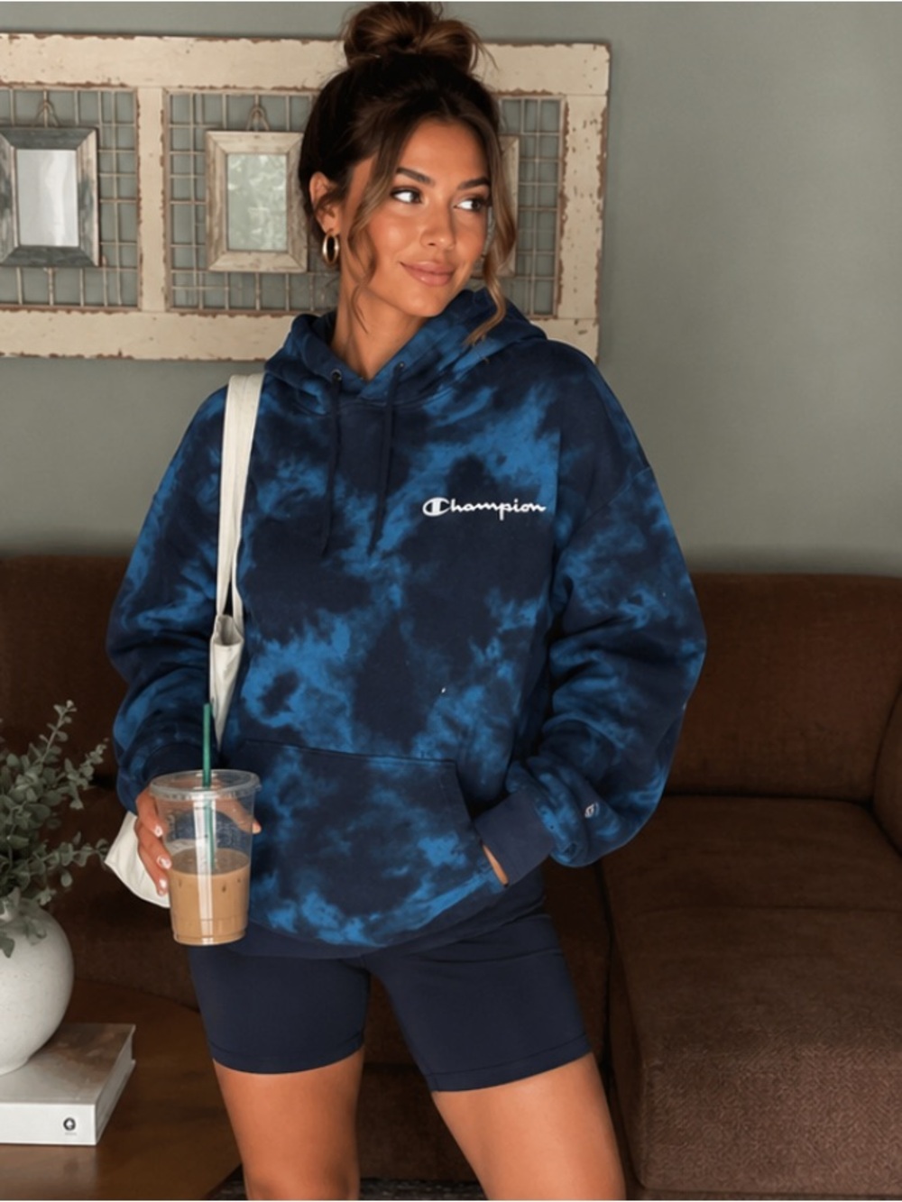 Champion Blue Teal Tie-Dye Cropped Hoodie